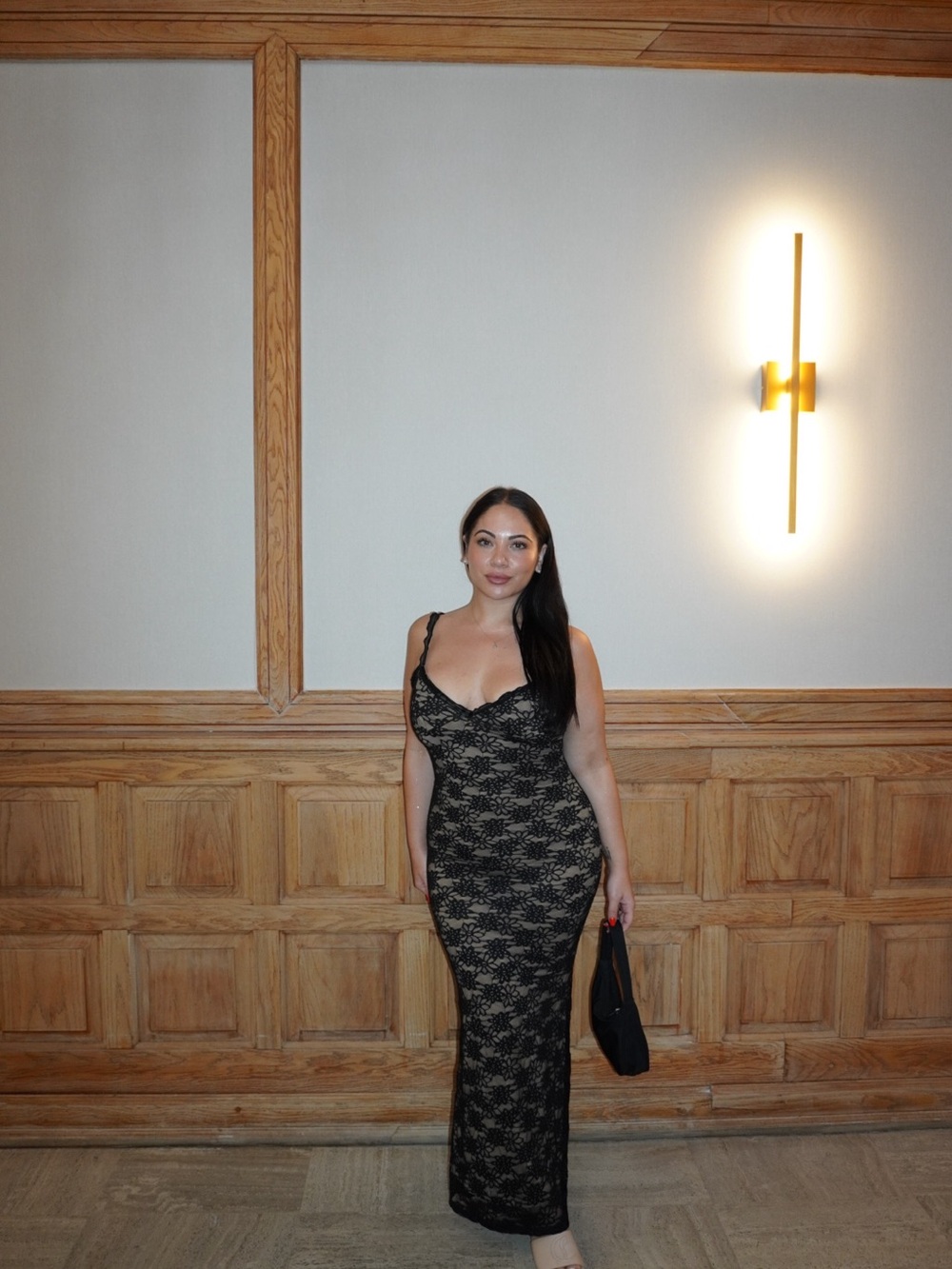 SHEIN Black Lace Maxi Dress with Nude Lining
